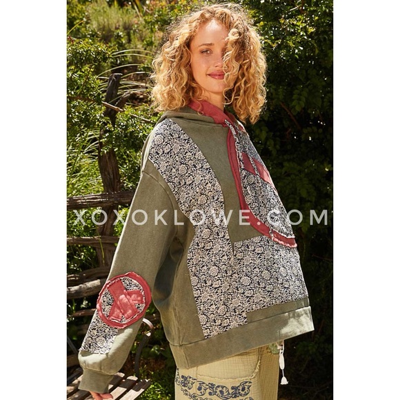 POL Olive French Terry Hoodie | Vintage Wash Peace & Floral Patchwork - Picture 4 of 10
